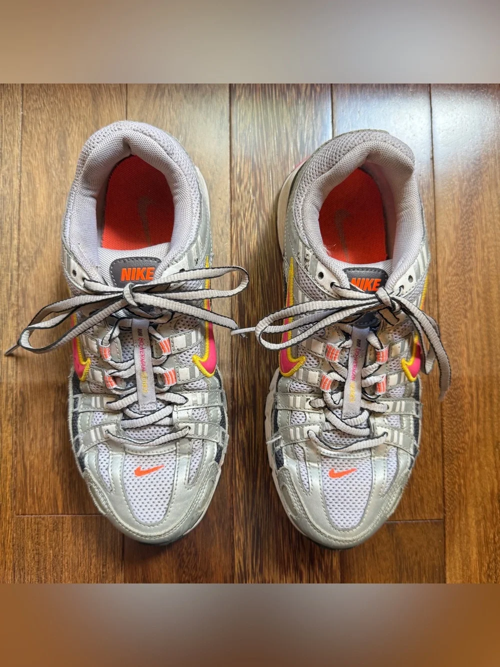 Nike Women's Grey Running Sneakers with Pink & Yellow Accents Size 7